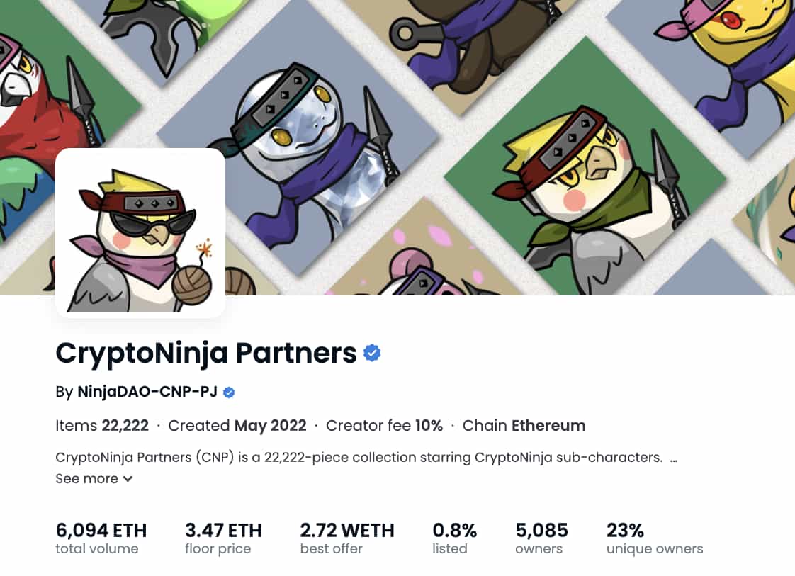 Crypto Ninja PartnersのOpnSeaの公式ページ